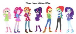 Size: 1623x731 | Tagged: safe, artist:allegro15, artist:selenaede, applejack, fluttershy, pinkie pie, rainbow dash, rarity, sci-twi, sunset shimmer, twilight sparkle, equestria girls, g4, base used, boots, bundled up for winter, clothes, converse, earmuffs, gloves, humane five, humane seven, humane six, leggings, shoes, stockings, thigh highs, winter boots, winter cap, winter clothes, winter coat, winter hat, winter outfit