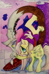 Size: 1814x2756 | Tagged: safe, artist:theoperaticone, discord, fluttershy, draconequus, pegasus, pony, g4, duo, eye contact, looking at each other, profile, teary eyes, traditional art, wavy mouth