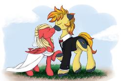 Size: 1356x899 | Tagged: safe, artist:melodis, oc, oc only, oc:melodis, oc:yaktan, earth pony, pegasus, pony, clothes, dress, eyes closed, female, male, marriage, melotan, oc x oc, shipping, simple background, suit, wedding