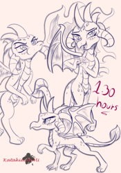Size: 2100x3000 | Tagged: safe, artist:katakiuchi4u, princess ember, dragon, g4, bedroom eyes, blushing, curved horn, dragoness, female, fire, heart hands, high res, horn, looking at you, monochrome, sketch, smiling, solo, traditional art