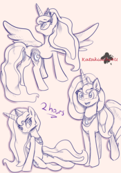 Size: 2100x3000 | Tagged: safe, artist:katakiuchi4u, princess luna, alicorn, pony, g4, bedroom eyes, female, happy, high res, jewelry, lying down, mare, monochrome, open mouth, rear view, sketch, smiling, solo, spread wings, traditional art, wings