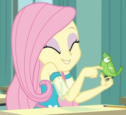 Size: 821x753 | Tagged: safe, screencap, fluttershy, bird, songbird, a little birdie told me, equestria girls, g4, my little pony equestria girls: better together, cropped, cute, duo, eyes closed, female, fluttershy boho dress, shyabetes, smiling, solo, tickling