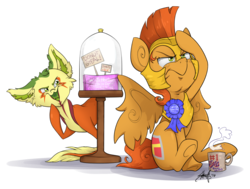 Size: 1024x776 | Tagged: safe, artist:midnightpremiere, oc, oc:camber, oc:non toxic, monster pony, original species, pegasus, pony, tatzlpony, blue ribbon, coffee mug, distracted, donut, female, food, guardsmare, mare, mug, pun, royal guard, you had one job