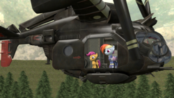 Size: 1920x1080 | Tagged: safe, artist:tonkano, rainbow dash, scootaloo, fallout equestria, g4, 3d, flying, forest, happy, source filmmaker, vertibird