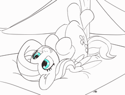 Size: 4480x3415 | Tagged: safe, artist:pabbley, fluttershy, pegasus, pony, g4, 30 minute art challenge, cute, female, hooves to the chest, lineart, mare, on back, partial color, shyabetes, smiling, solo, tent, wings
