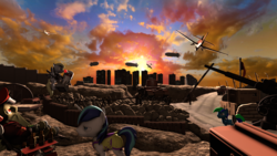 Size: 1920x1080 | Tagged: safe, artist:tonkano, derpy hooves, shining armor, oc, oc:charles, oc:tonkano, fallout equestria, g4, 3d, angry, battlefield, bomb, bored, building, fight, plane, source filmmaker, sunset, tank (vehicle), war, weapon, zeppelin