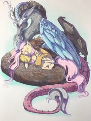 Size: 3024x4032 | Tagged: safe, artist:chasingthesilverstag, discord, fluttershy, draconequus, pony, g4, drool, female, male, mare, ship:discoshy, shipping, sleeping, straight, traditional art