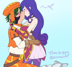 Size: 1280x1190 | Tagged: safe, artist:jonfawkes, rarity, spike, human, series:nightmare war, g4, .hack, big breasts, blushing, breasts, clothes, cosplay, costume, eyes closed, female, humanized, kissing, male, older, older spike, ship:sparity, shipping, straight