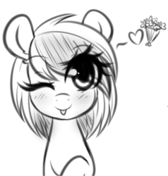 Size: 1889x1986 | Tagged: safe, artist:fluffymaiden, oc, oc only, oc:whiplash, female, grayscale, heart, looking at you, mare, monochrome, one eye closed, smiling, solo, tongue out, wink