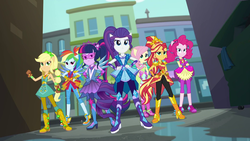 Size: 1920x1080 | Tagged: safe, screencap, applejack, fluttershy, pinkie pie, rainbow dash, rarity, sci-twi, sunset shimmer, twilight sparkle, human, equestria girls, equestria girls series, g4, super squad goals, boots, canterlot city, cowboy boots, crystal guardian, crystal wings, female, geode of empathy, geode of shielding, geode of sugar bombs, geode of super speed, geode of super strength, geode of telekinesis, high heel boots, humane five, humane seven, humane six, magical geodes, ponied up, sci-twilicorn, shoes, super ponied up