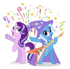 Size: 233x228 | Tagged: source needed, safe, gameloft, starlight glimmer, trixie, pony, unicorn, g4, official, bipedal, confetti, cute, diatrixes, female, flying v, guitar, mare, musical instrument, picture for breezies, playing instrument, simple background, white background