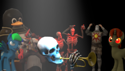 Size: 1920x1080 | Tagged: safe, artist:tonkano, bird, pegasus, penguin, pony, unicorn, 3d, bone, dank memes, doot, laughing, linux, meme, musical instrument, nonsense, skeleton, solaire of astora, source filmmaker, trumpet, tux, weird