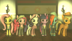 Size: 1920x1080 | Tagged: safe, artist:tonkano, applejack, fluttershy, pinkie pie, rainbow dash, rarity, twilight sparkle, earth pony, pegasus, pony, unicorn, fallout equestria, g4, 3d, angry, determination, determined, fanfic, fanfic art, female, flag, happy, hat, hooves, horn, mane six, mare, ministry mares, ministry of arcane sciences, ministry of awesome, ministry of image, ministry of morale, ministry of peace, ministry of wartime technology, open mouth, pose, propaganda, serious, serious face, source filmmaker, surprised, wings