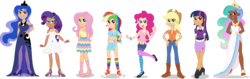 Size: 8216x2585 | Tagged: safe, artist:sugar-loop, applejack, fluttershy, pinkie pie, princess celestia, princess luna, rainbow dash, rarity, twilight sparkle, human, equestria girls, g4, belly button, clothes, converse, crown, dark skin, dress, human coloration, humanized, jewelry, mane six, midriff, regalia, royal sisters, shoes, short shirt, side slit, simple background, socks, stockings, thigh highs, transparent background