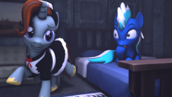 Size: 1280x720 | Tagged: safe, artist:tonkano, oc, oc:carlile, oc:pearlblue, fallout equestria, 3d, bed, clothes, female, lesbian, licking, licking lips, maid, oc x oc, present, room, shipping, source filmmaker, stable (vault), tongue out, vault, wide eyes