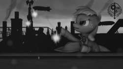 Size: 1920x1080 | Tagged: safe, artist:tonkano, applejack, earth pony, pony, fallout equestria, g4, 3d, fanfic, fanfic art, female, hat, hooves, industry, mare, microphone, ministry mares, ministry of wartime technology, monochrome, propaganda, solo, source filmmaker, speech