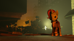 Size: 1920x1080 | Tagged: safe, artist:tonkano, oc, oc:carlile, fallout equestria, 3d, angry, burning, determination, looking at you, ruins, source filmmaker, tank (vehicle), war