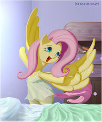 Size: 1024x1220 | Tagged: safe, artist:stratodraw, fluttershy, pegasus, pony, g4, bed, bipedal, clothes, female, mare, nightgown, open mouth, pajamas, see-through, small eyes, smiling, solo, spread wings, stretching, wings