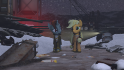 Size: 3840x2160 | Tagged: safe, artist:tonkano, applejack, skeleton pony, g4, 3d, bone, factory, high res, ministry of wartime technology, night, ruins, skeleton, snow, source filmmaker, tanks, train, trash, truck, war, winter