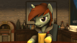 Size: 1280x720 | Tagged: safe, artist:tonkano, oc, oc only, oc:carlile, pony, unicorn, 3d, alcohol, bar, cider, clothes, coat, detective, drinking, female, liquor, looking at you, mare, smiling, smug, solo, source filmmaker