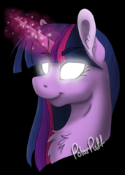 Size: 879x1225 | Tagged: safe, artist:polar puff, edit, twilight sparkle, alicorn, pony, g4, bust, chest fluff, glowing eyes, glowing horn, horn, magic, multicolored hair, portrait, sparkles