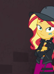 Size: 678x930 | Tagged: safe, screencap, sunset shimmer, display of affection, equestria girls, g4, my little pony equestria girls: better together, animated, cap, cropped, cute, female, flanksy, gif, hand in pocket, hat, one eye closed, paint, shimmerbetes, solo, tomboy, wink
