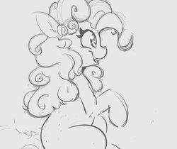 Size: 1130x947 | Tagged: safe, artist:tre, pinkie pie, earth pony, pony, g4, curly hair, female, grayscale, mare, monochrome, poofy pie, sitting, sketch, smiling, solo
