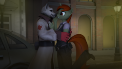 Size: 1920x1080 | Tagged: safe, artist:tonkano, oc, oc only, oc:tonka, unicorn, anthro, 3d, anthro oc, boop, female, furry, male, mare, medic, medic (tf2), night, non-mlp oc, noseboop, red cross, shipping, smiling, source filmmaker, straight, street, team fortress 2