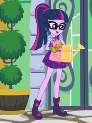 Size: 1536x2048 | Tagged: safe, screencap, sci-twi, twilight sparkle, equestria girls, g4, my little pony equestria girls: better together, my little shop of horrors, apron, boots, clothes, cute, female, glasses, gloves, open mouth, shoes, solo, stars, twiabetes, watering can