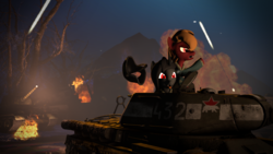 Size: 1920x1080 | Tagged: safe, artist:tonkano, oc, oc:mariann, oc:shelby, 3d, angry, combat, fight, fire, happy, night, puppy dog eyes, red eyes, source filmmaker, soviet pony, tank (vehicle), tongue out, war