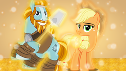 Size: 1600x900 | Tagged: safe, artist:jhayarr23, artist:sailortrekkie92, applejack, rockhoof, earth pony, pony, g4, clothes, cowboy hat, duo, female, freckles, hat, male, mare, rockhoof's shovel, shovel, stallion, stetson, wallpaper