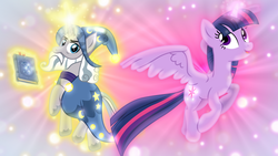 Size: 1600x900 | Tagged: safe, artist:sailortrekkie92, star swirl the bearded, twilight sparkle, alicorn, pony, unicorn, g4, shadow play, book, cape, clothes, duo, hat, open mouth, spellbook, starswirl's book, twilight sparkle (alicorn), wallpaper