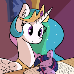 Size: 1650x1650 | Tagged: safe, artist:tjpones, princess celestia, twilight sparkle, alicorn, pony, unicorn, the tiny apprentice, book, book bed, bookhorse, cute, ear fluff, eyes closed, female, filly, filly twilight sparkle, frown, hnnng, hug, mare, size difference, sleeping, smiling, tail hug, that pony sure does love books, tjpones is trying to murder us, twiabetes, unicorn twilight, weapons-grade cute, wide eyes, younger