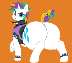 Size: 4879x4267 | Tagged: source needed, safe, artist:lyracorn, artist:sirmasterdufel, color edit, edit, rarity, pony, unicorn, g4, it isn't the mane thing about you, absurd resolution, alternate hairstyle, bedroom eyes, blue eyes, butt, chubby, clothes, colored, fat, female, huge butt, large butt, looking at you, looking back, mare, no fun november, plot, punk, raripunk, raritubby, rearity, solo, the ass was fat, vest, wide hips