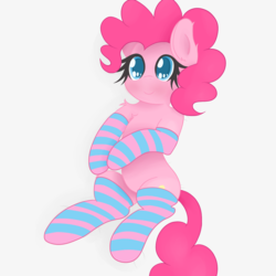 Size: 1200x1200 | Tagged: safe, artist:zlight, pinkie pie, earth pony, pony, g4, clothes, colored pupils, cute, diapinkes, explicit source, female, looking at you, simple background, socks, solo, stockings, striped socks, thigh highs