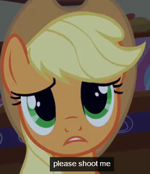 Size: 304x352 | Tagged: safe, screencap, applejack, earth pony, pony, g4, look before you sleep, artifact, cropped, euthanasia, female, frown, golden oaks library, kill me, lidded eyes, looking at you, meme, reaction image, sad, solo, suicidal, text, youtube caption
