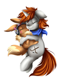 Size: 2550x3509 | Tagged: safe, artist:pridark, oc, oc:disterious, eevee, pony, unicorn, bandana, clothes, commission, cosplay, costume, cute, cutie mark, d.va, eyes closed, floppy ears, headphones, high res, horn, hug, male, orange mane, orange tail, overwatch, pokémon, simple background, smiling, snuggling, stallion, transparent background, whisker markings