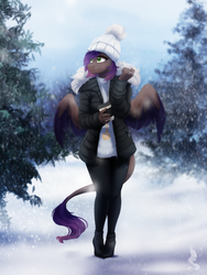 Size: 2100x2800 | Tagged: safe, artist:silentwulv, oc, oc only, oc:evening howler, pegasus, anthro, unguligrade anthro, beanie, clothes, hat, high res, leonine tail, pants, snow, snowfall, solo, tree