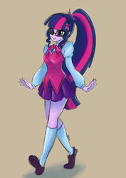 Size: 1024x1447 | Tagged: safe, artist:eiranosaur, sci-twi, twilight sparkle, equestria girls, g4, clothes, cute, female, glasses, long hair, long socks, miniskirt, ponytail, schoolgirl, simple background, skirt, smiling, solo, twiabetes