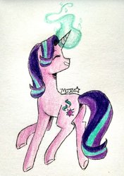 Size: 1024x1453 | Tagged: safe, artist:mojothebrojo, starlight glimmer, pony, unicorn, g4, female, glowing horn, horn, smiling, solo, traditional art