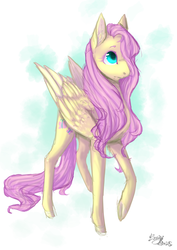 Size: 2893x4092 | Tagged: safe, artist:sketchiibeats, fluttershy, pegasus, pony, g4, female, folded wings, hair over one eye, high res, looking up, raised hoof, solo, wings