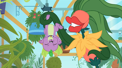 Size: 1920x1080 | Tagged: safe, screencap, audrey 3, spike, spike the regular dog, dog, equestria girls, g4, my little pony equestria girls: better together, my little shop of horrors, eyes closed, flower, greenhouse, plant, potted plant, room to grow, upside down