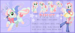 Size: 800x355 | Tagged: safe, artist:parfywarfy, oc, oc only, oc:parfait, pegasus, pony, equestria girls, g4, bow, female, hair bow, hat, mare, mouth hold, reference sheet, solo, tail bow, wand, witch hat