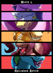 Size: 961x1319 | Tagged: safe, artist:rimmi1357, applejack, fluttershy, pinkie pie, rainbow dash, rarity, twilight sparkle, alicorn, pony, g4, clothes, costume, halloween, holiday, mane six, mouth, poster, twilight sparkle (alicorn)