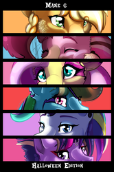 Size: 961x1450 | Tagged: safe, artist:rimmi1357, applejack, fluttershy, pinkie pie, rainbow dash, rarity, twilight sparkle, alicorn, pony, g4, clothes, costume, eye, eyes, halloween, holiday, mane six, poster, twilight sparkle (alicorn)