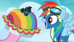 Size: 1920x1080 | Tagged: safe, screencap, pinkie pie, rainbow dash, pegasus, pony, g4, secrets and pies, clothes, eat my pie, female, food, goggles, mare, offscreen character, open mouth, pie, rainbow blueberry pie, uniform, wonderbolts uniform