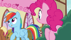 Size: 1920x1080 | Tagged: safe, screencap, pinkie pie, rainbow dash, g4, secrets and pies, liar, tongue out