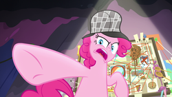 Size: 1920x1080 | Tagged: safe, screencap, pinkie pie, rainbow dash, soarin', earth pony, pegasus, g4, secrets and pies, deerstalker, detective, evidence board, female, food, hat, male, pie, sherlock pie, solo