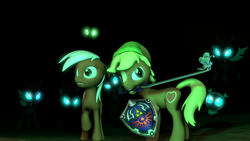 Size: 1280x720 | Tagged: dead source, safe, artist:johnsilents, quarter hearts, queen chrysalis, twilight sparkle, breezie, pony, g4, 3d, baby changeling, breeziefied, epona, glowing eyes, hylian shield, link, master sword, navi, ponified, source filmmaker, species swap, the legend of zelda