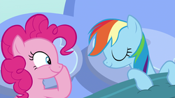 Size: 1920x1080 | Tagged: safe, screencap, pinkie pie, rainbow dash, earth pony, pegasus, pony, g4, secrets and pies, bed, cute, dashabetes, female, funny face, lesbian, out of context, pillow, ship:pinkiedash, shipping, sleeping
